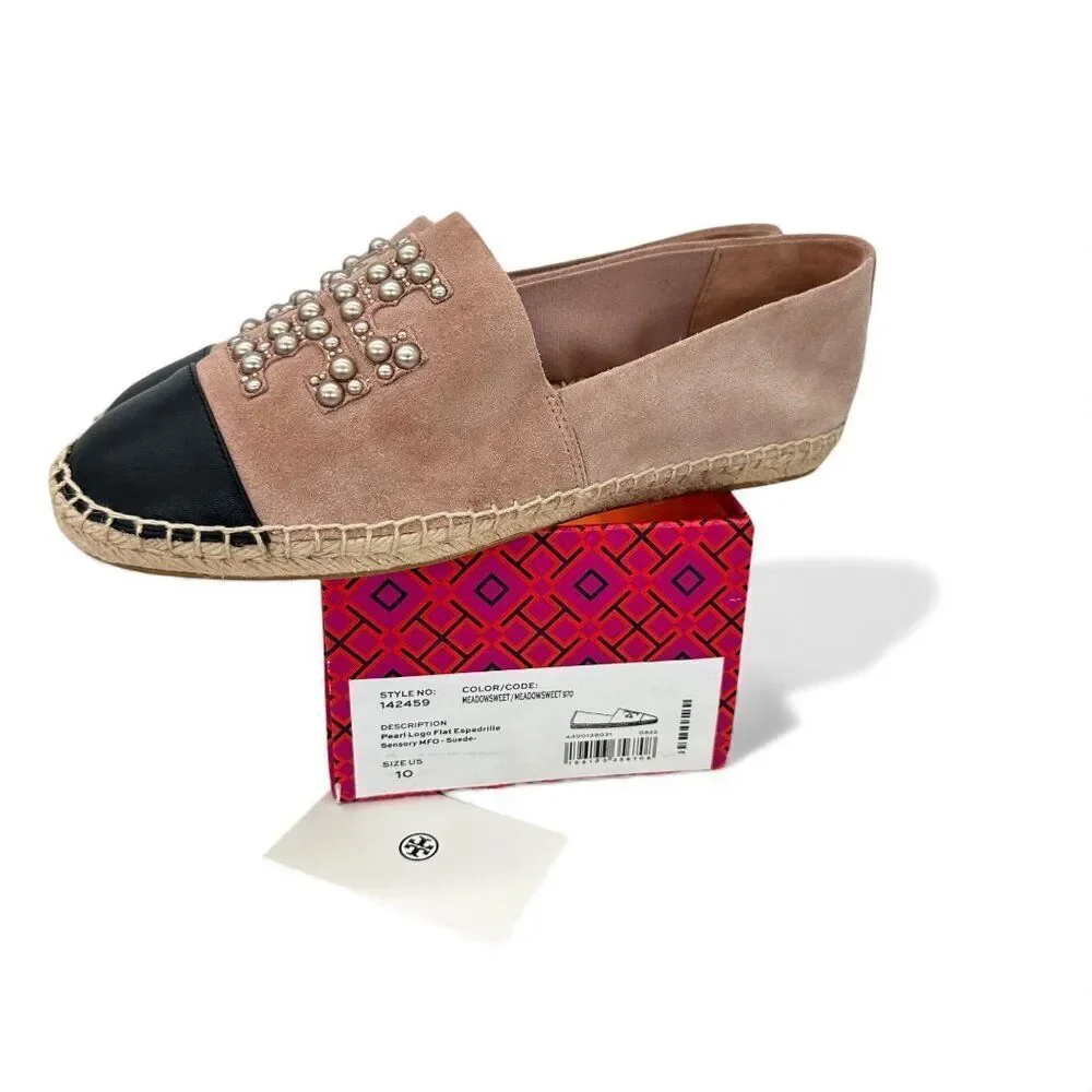Tory Burch Pearl Logo Espadrille Flats Sensory MFO Suede Meadowsweet Womens 10